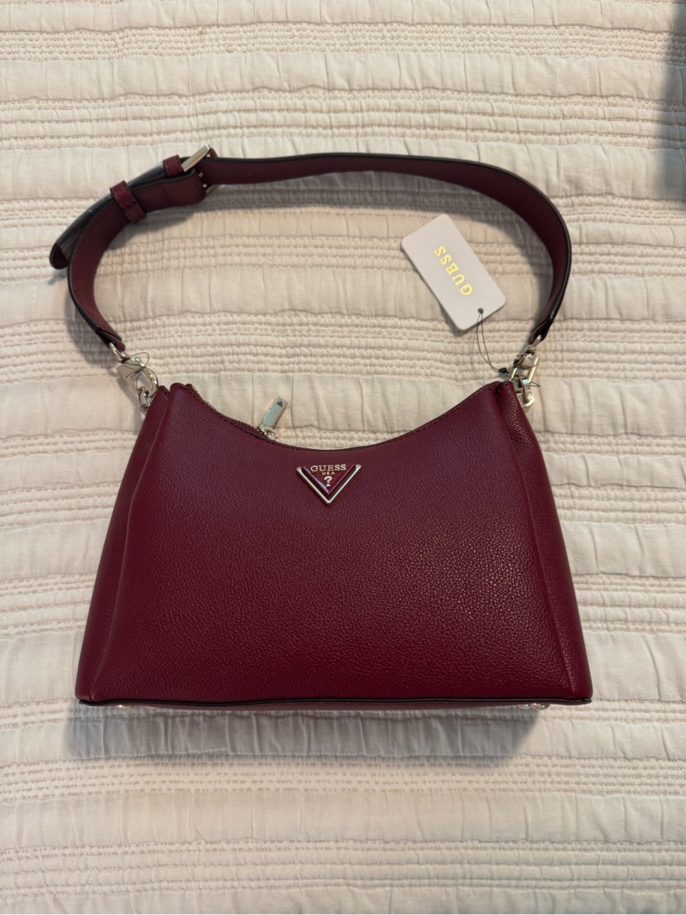 GUESS Deep Burgundy Pebble Leather Shoulder Bag